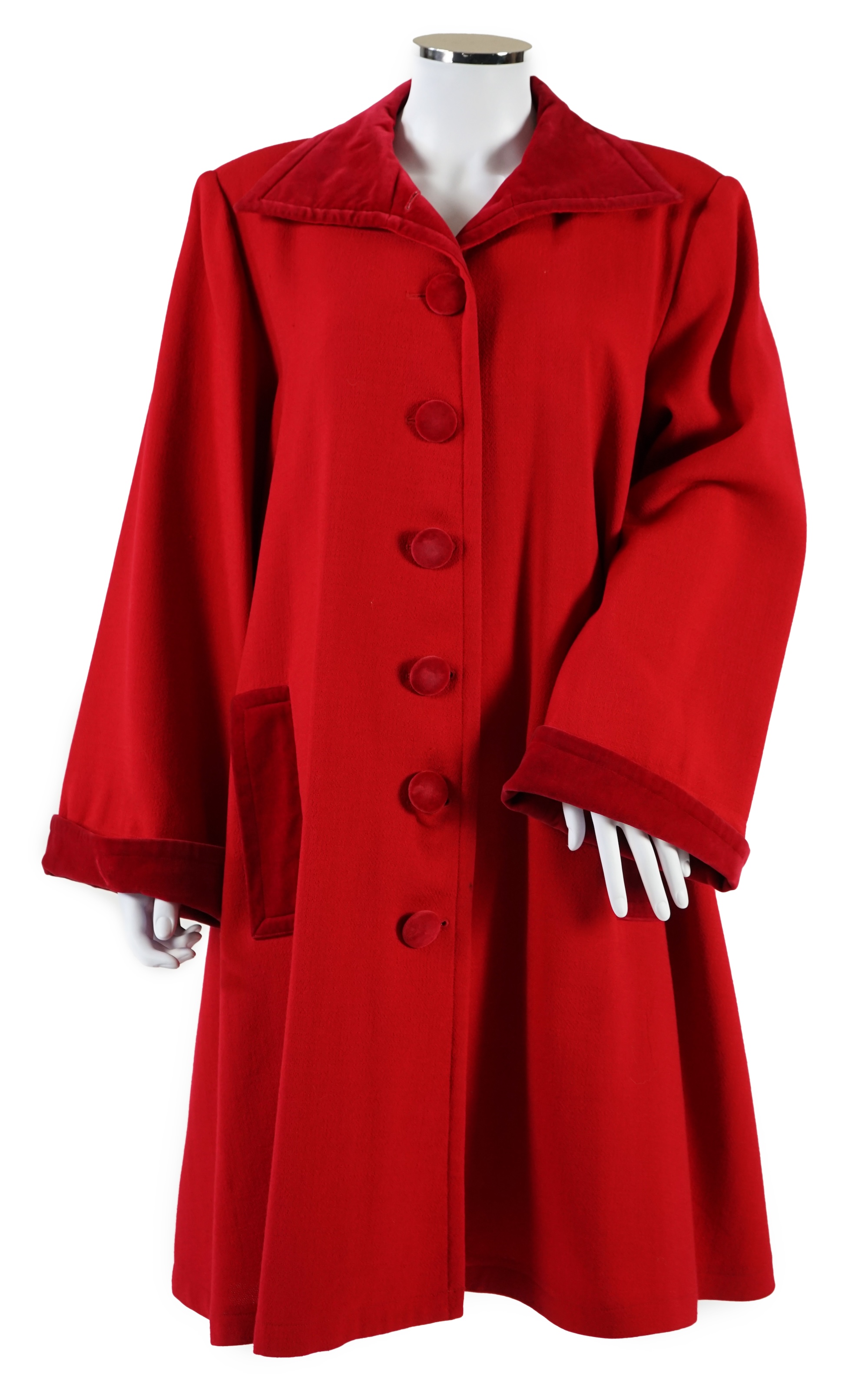 A vintage Yves Saint Laurent variation lady's red wool coat with velvet trim, F 40 (UK 12). Proceeds to Happy Paws Puppy Rescue